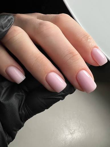Gel overlay with Shellac from My Store showing a clear, glossy gel nail application on natural nails.