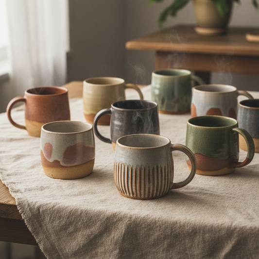 Artisanal ceramic mugs arranged on a textured linen surface in soft, natural light